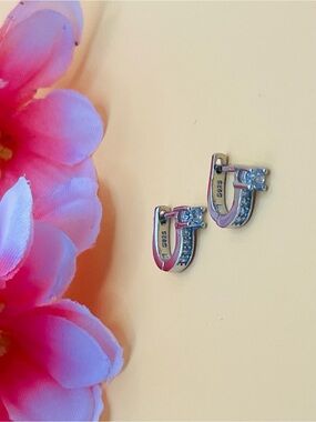 Elegant small Silver Hoop Earrings clear CZ stones, stamped .925